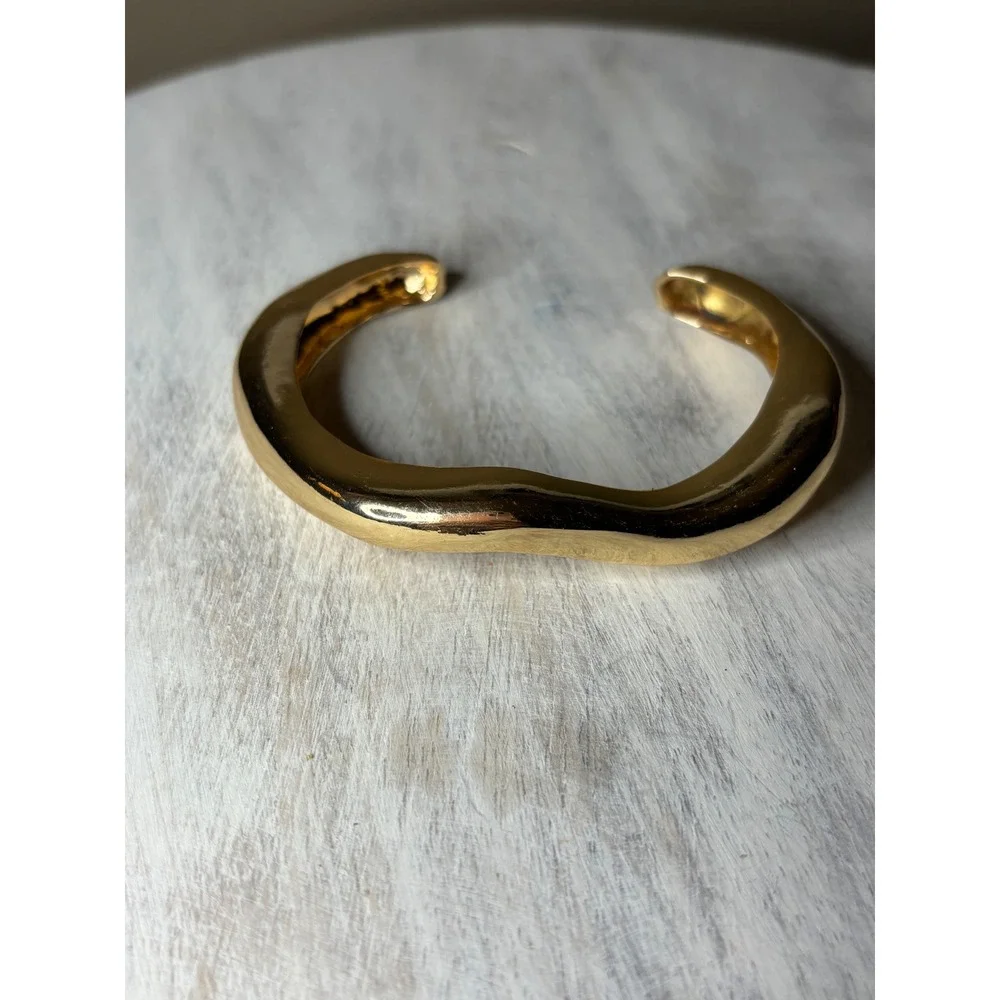 Gold Tone Organic Wavy Cuff Bracelet Sculptural Statement Open Bangle